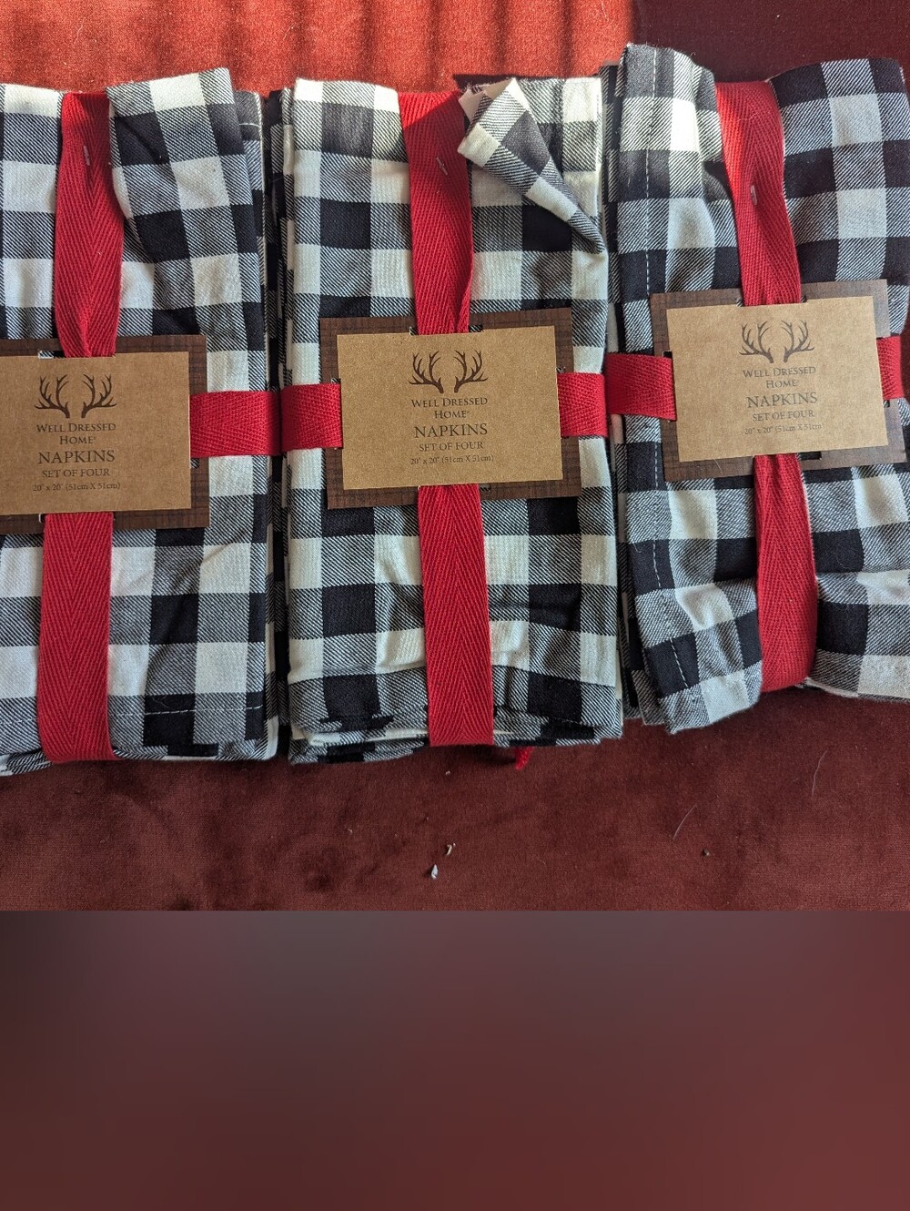 Rustic Checkered Cotton Napkins with Red Ribbon - Brand: